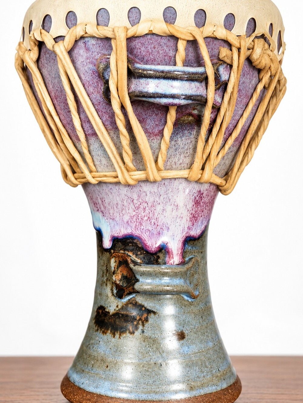 Vintage 1993 Signed Studio Pottery Ceramic Djembe Hand Drum Purple Blue